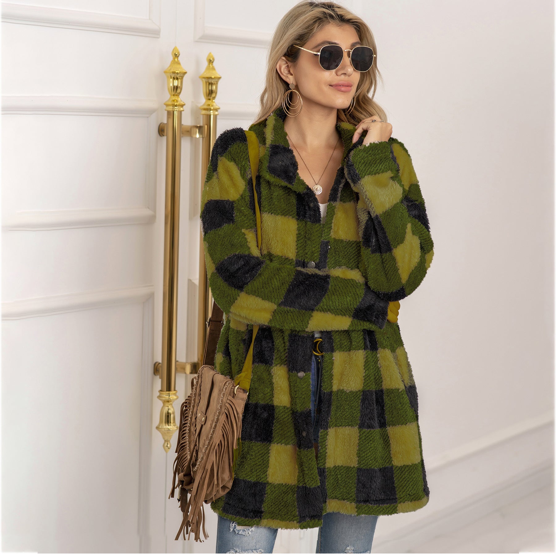 Colorblock Plaid Fleece Jacket Fashion Single Breasted Long Jacket Women's Clothing