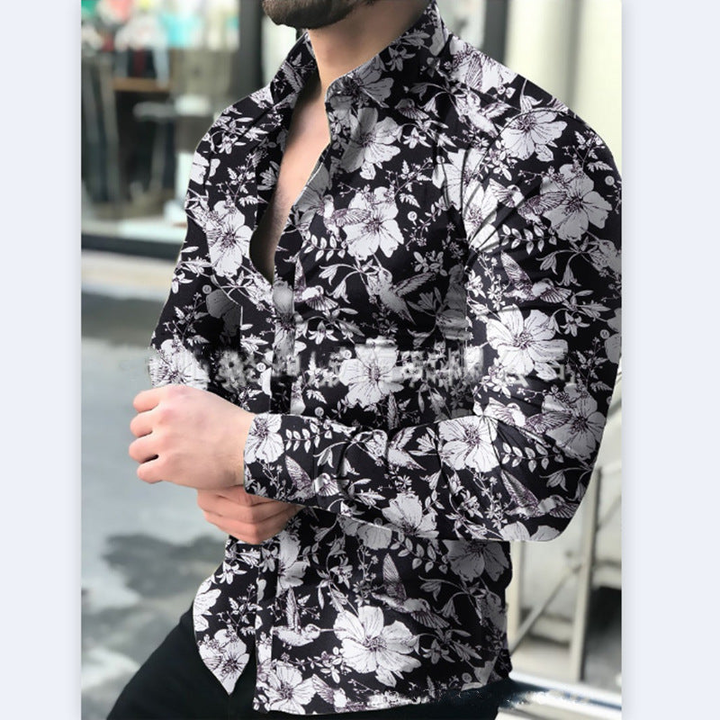 Camisa casual masculina de manga comprida floral primavera e outono