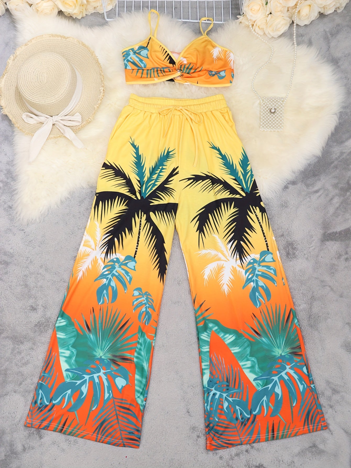 LN1433 New Summer Bohemian Print Strap Top Beach Vacation Style Women's Pants Set