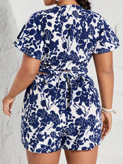 Boho Chic Set – Deep V-Neck Crop Top & Floral Shorts with Belted Waist, Perfect for Summer Getaways