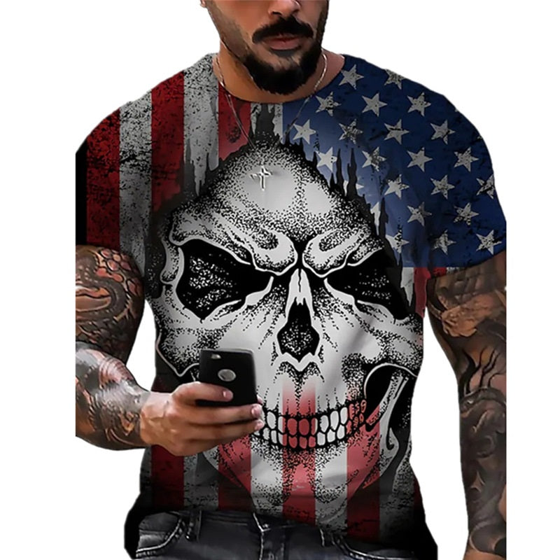 Impressão 3D Masculina Respirável Gola Redonda Mangas Curtas