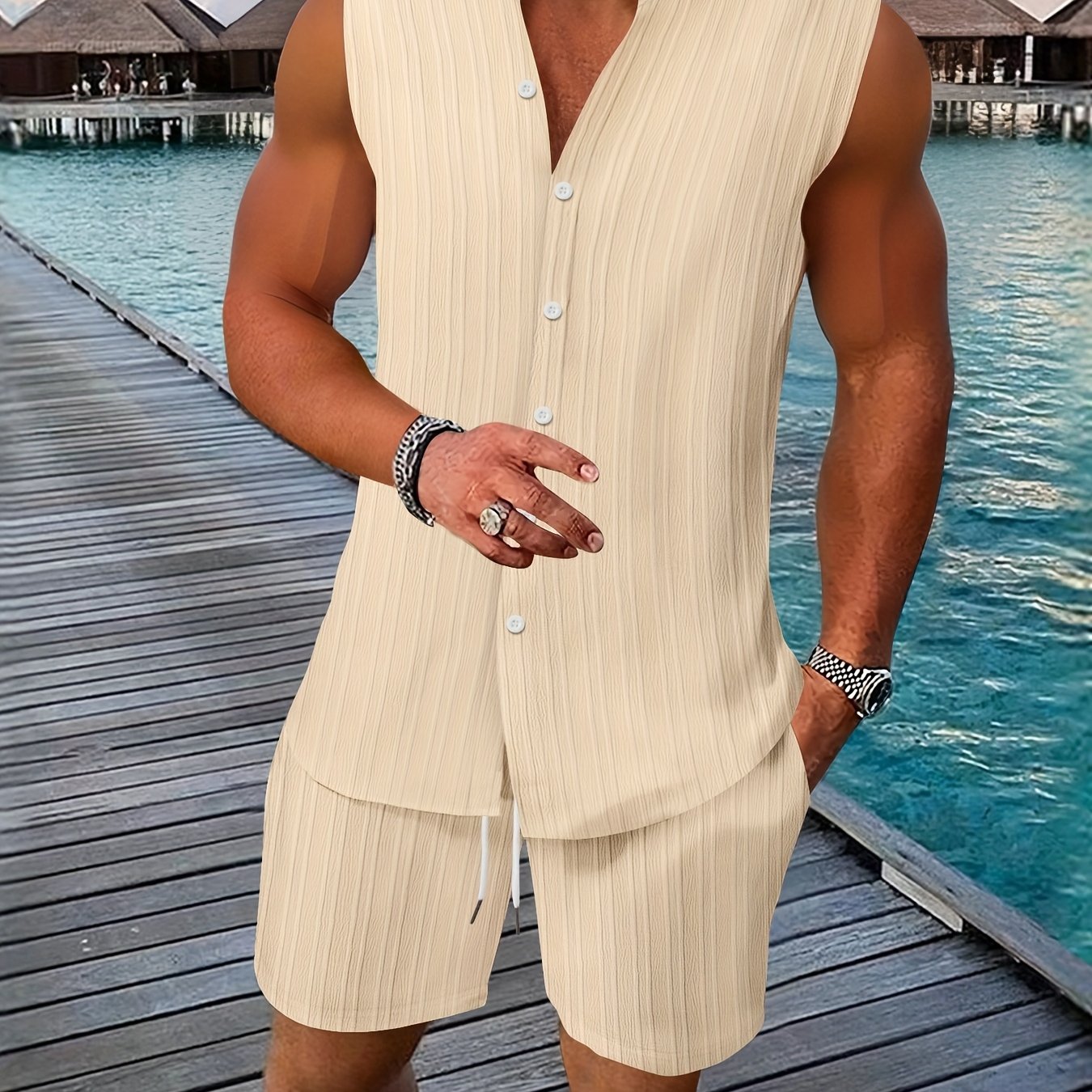 New Summer Men's Shirt Casual Henley Neck Sleeveless Top Shorts Beach Set