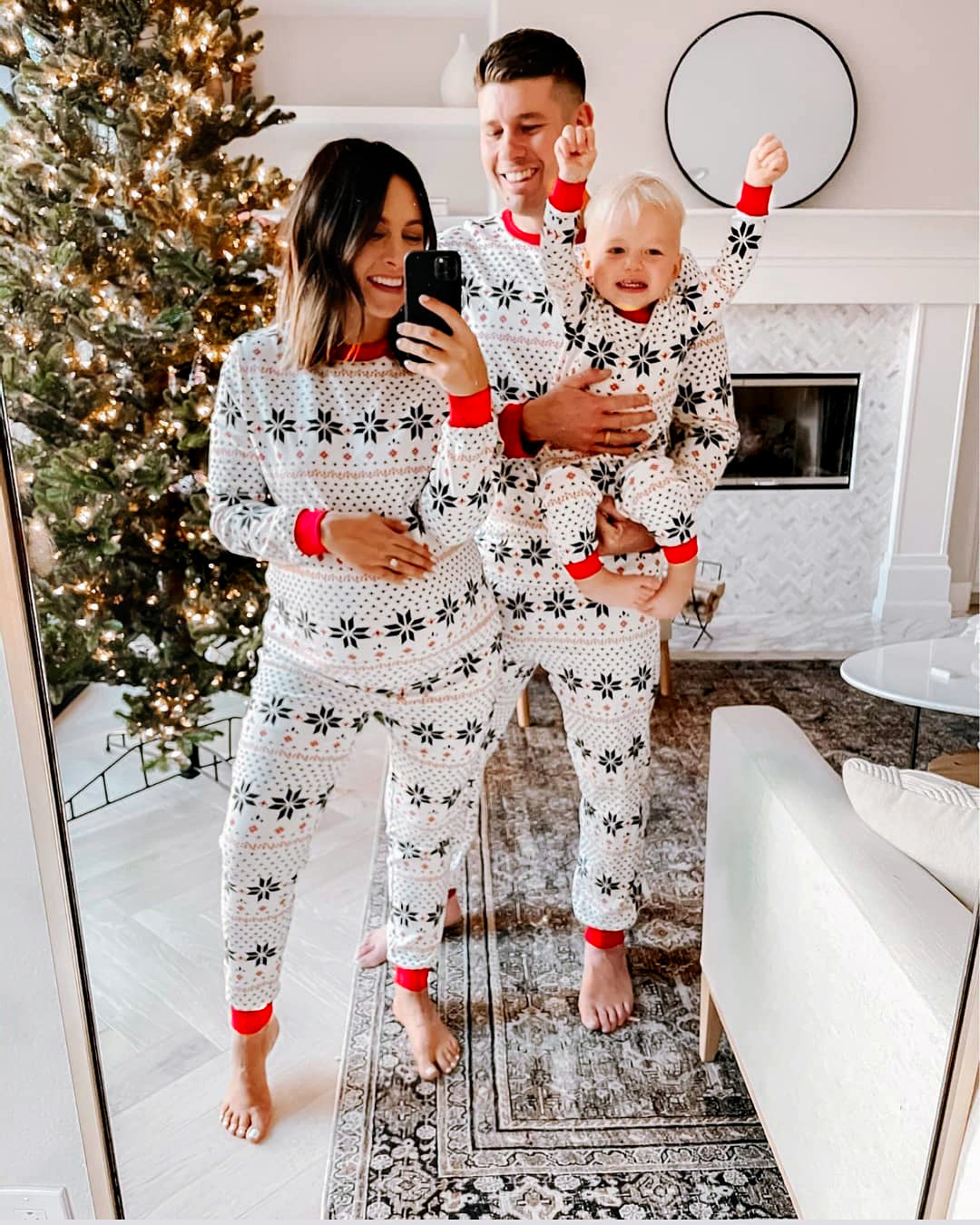 Traje casual de poliéster en blanco y negro con contraste de colores para Navidad para padres e hijos