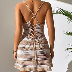 Vestido de verano de mujer con tirantes finos de punto y rayas con crochet trenzado y corte minivestido de fiesta para playa, cóctel, discoteca