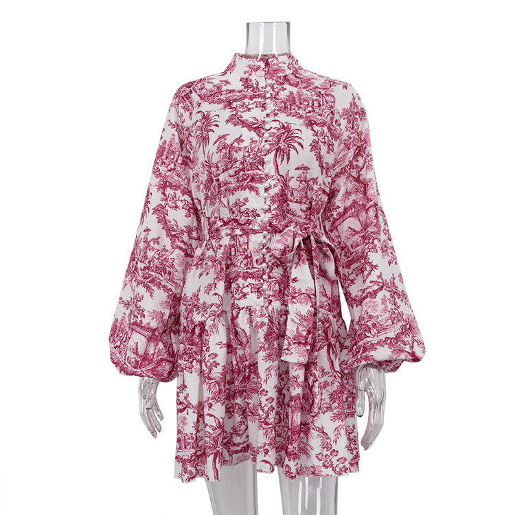 Ink Print Long Sleeve Short Dress With Fashion Puffy Sleeve Lapel Tie A-Line Dress Clothing