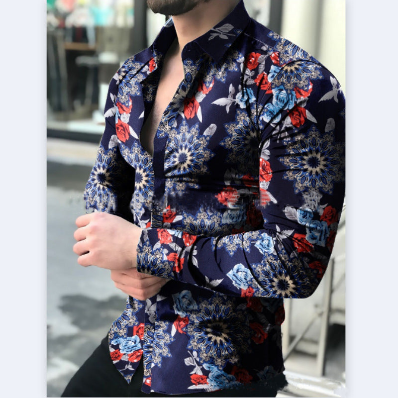 Camisa casual masculina de manga comprida floral primavera e outono