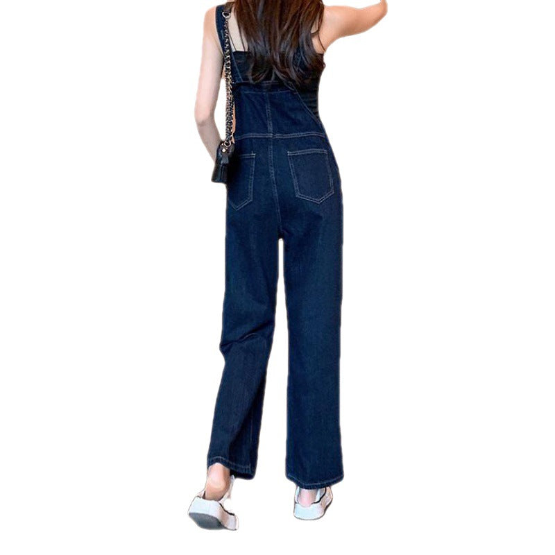 Macacão jeans escuro de cintura alta simples feminino