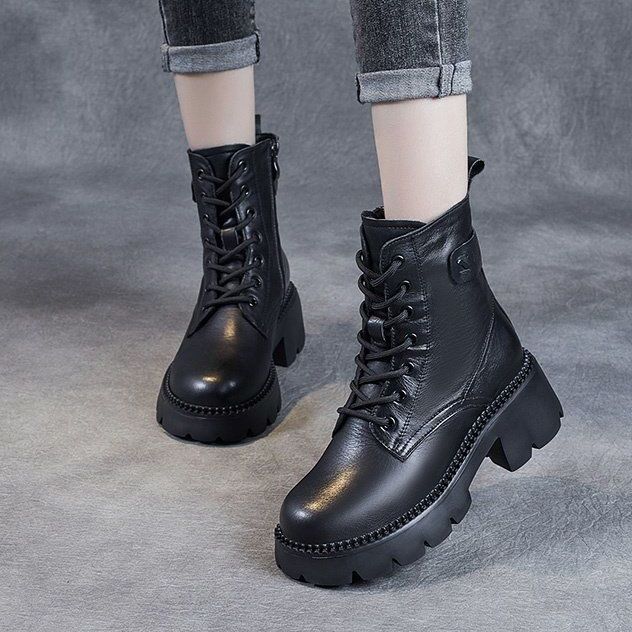 Botas Martin plataforma forradas de lã estilo britânico salto alto feminino