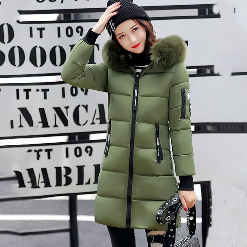 Women Winter Fur Collar Hooded Parka Fashion Letter Patch Zipper Pockets Design Long Jacket Elegant Slim Warm Thick Female Coats