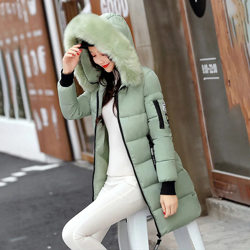 Women Winter Fur Collar Hooded Parka Fashion Letter Patch Zipper Pockets Design Long Jacket Elegant Slim Warm Thick Female Coats