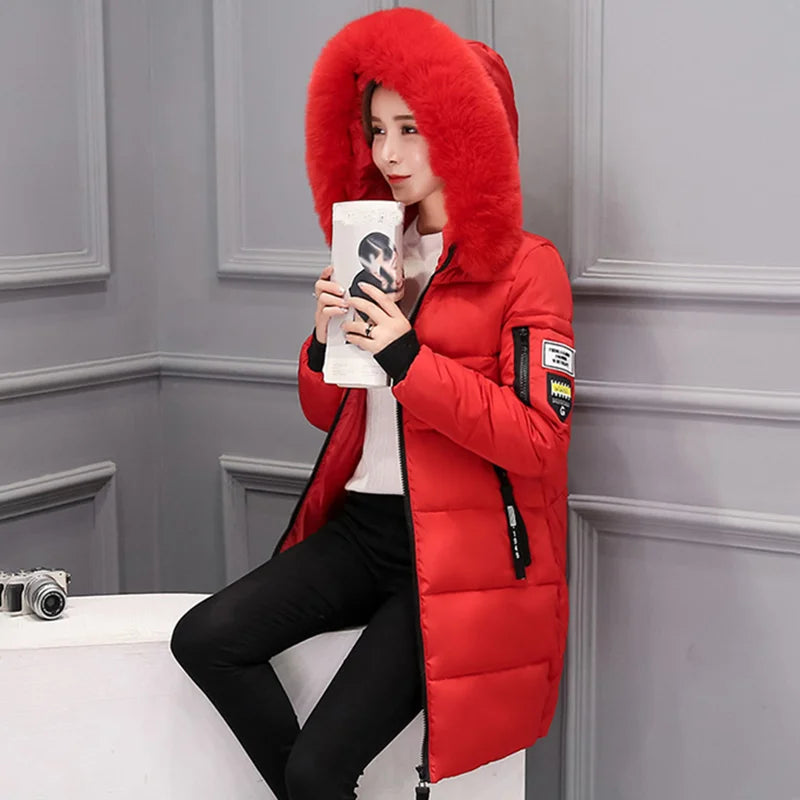 Women Winter Fur Collar Hooded Parka Fashion Letter Patch Zipper Pockets Design Long Jacket Elegant Slim Warm Thick Female Coats