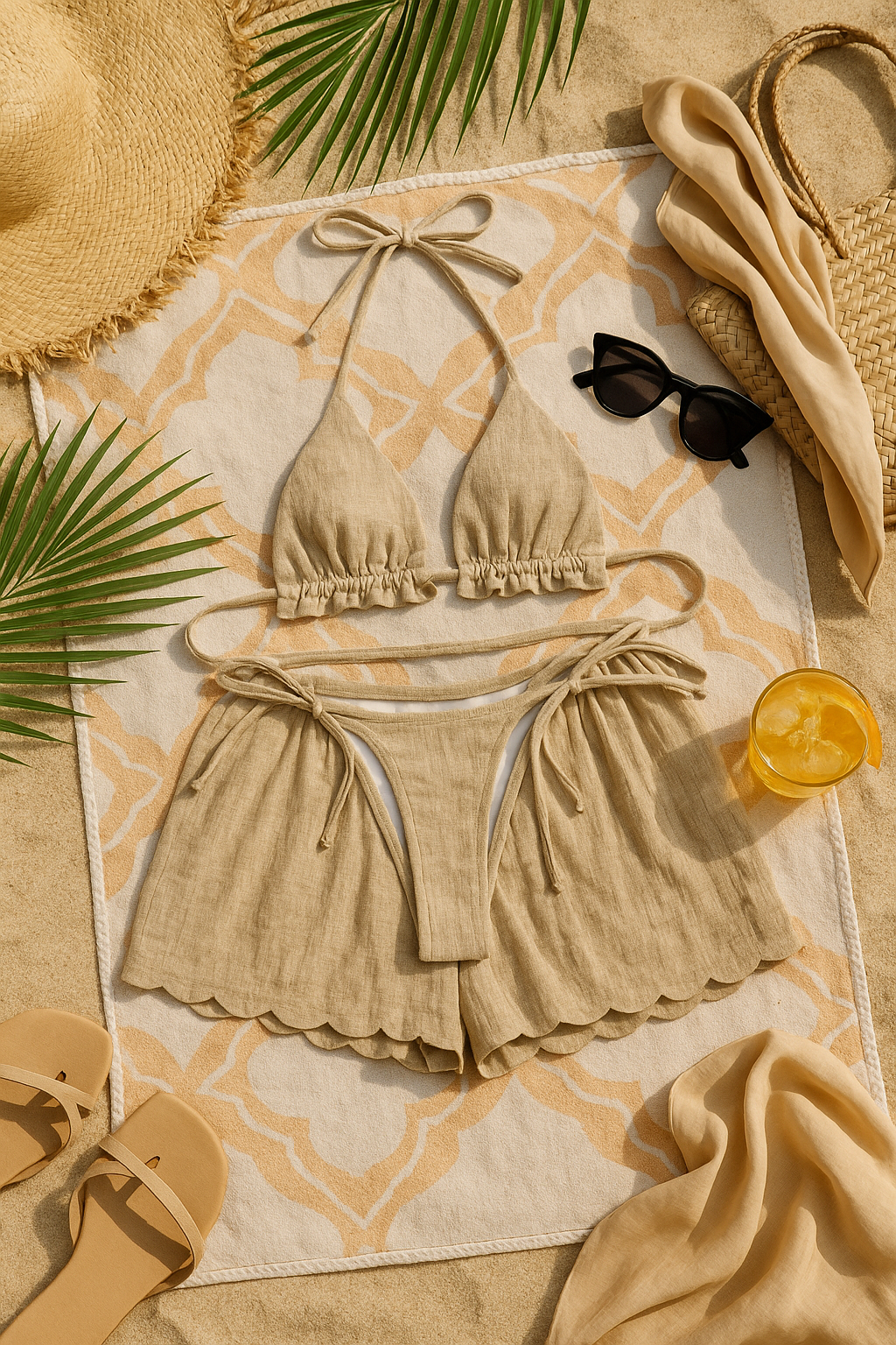 3-piece bikini with ruffles, floral embroidery, and mesh cover-up shorts.