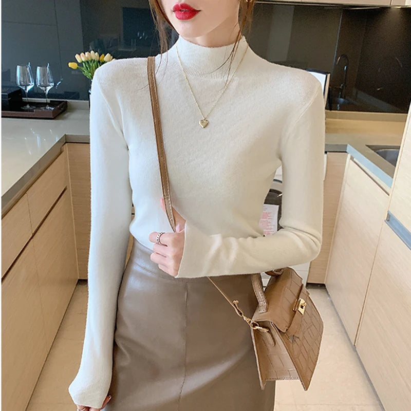 AOSSVIAO Turtleneck Sweater Women Fashion 2024 New Stretch Tops Women Knitted Pullovers Long Sleeve Bottoming Knitted Sweater