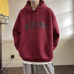 Sudadera con capucha estampada con letras de color rojo vino para hombre, chaqueta informal de gran tamaño estilo retro americano para primavera y otoño