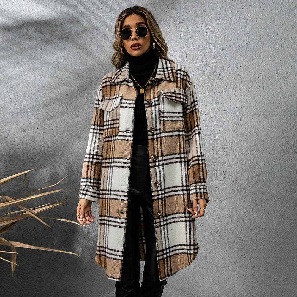 Fashion Plaid Single Row Button Coarse Wool Coat For Women