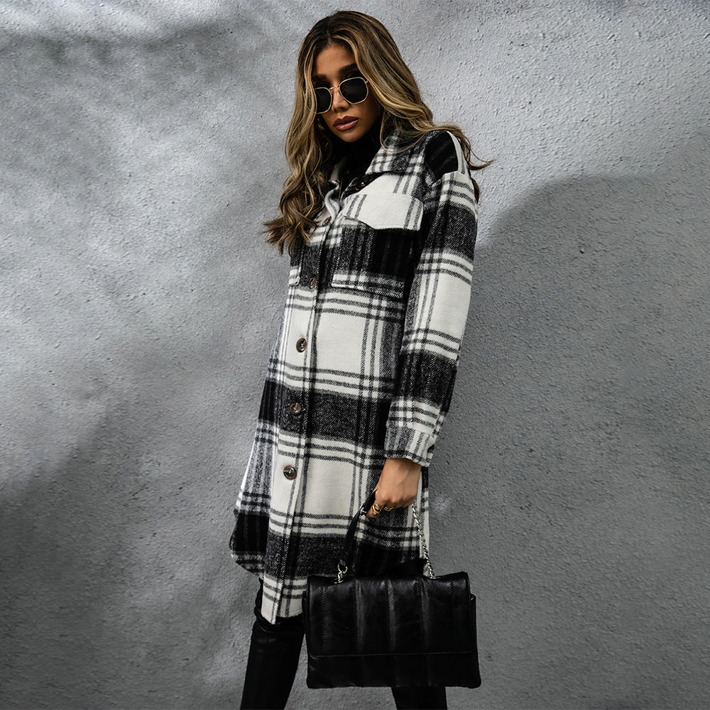 Fashion Plaid Single Row Button Coarse Wool Coat For Women