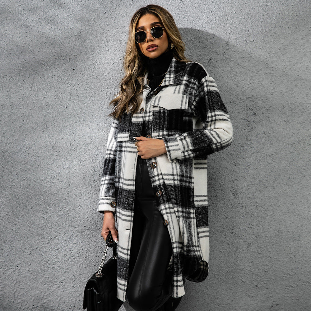 Fashion Plaid Single Row Button Coarse Wool Coat For Women