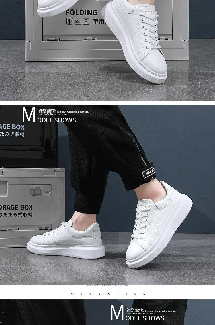 Casual Shoes Men 2024 New arrival Lace-up Thick Sole Casual Sneakers Versatile Leather Muffin Shoes Elevated Male Board Footwear