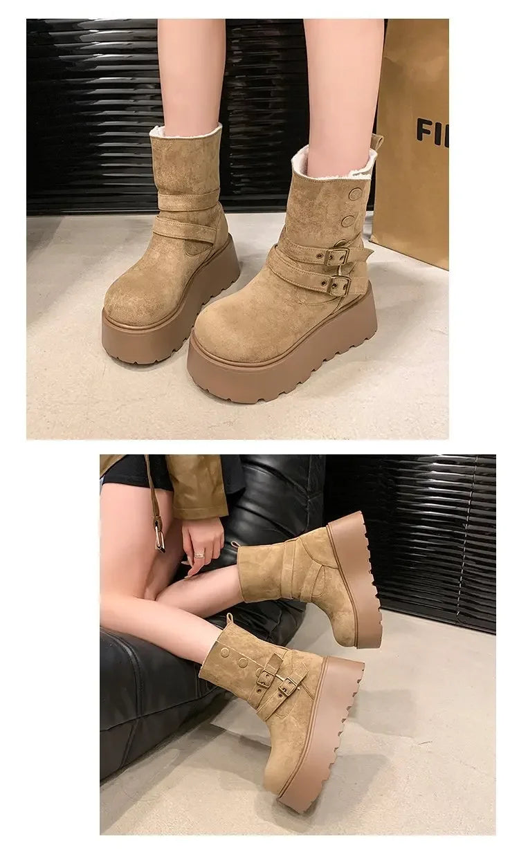 Women’s Winter Boots – Thick sole, ultra high heel, fleece-lined, mid-calf, round toe.