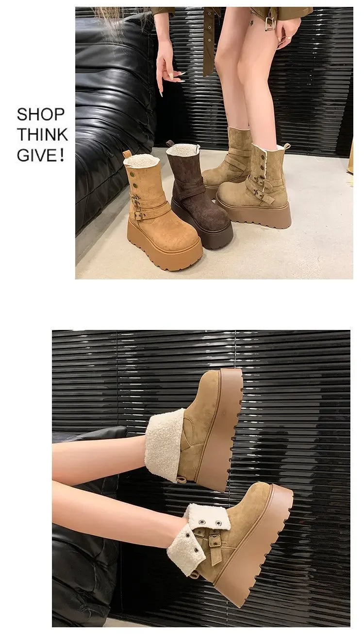 Women’s Winter Boots – Thick sole, ultra high heel, fleece-lined, mid-calf, round toe.