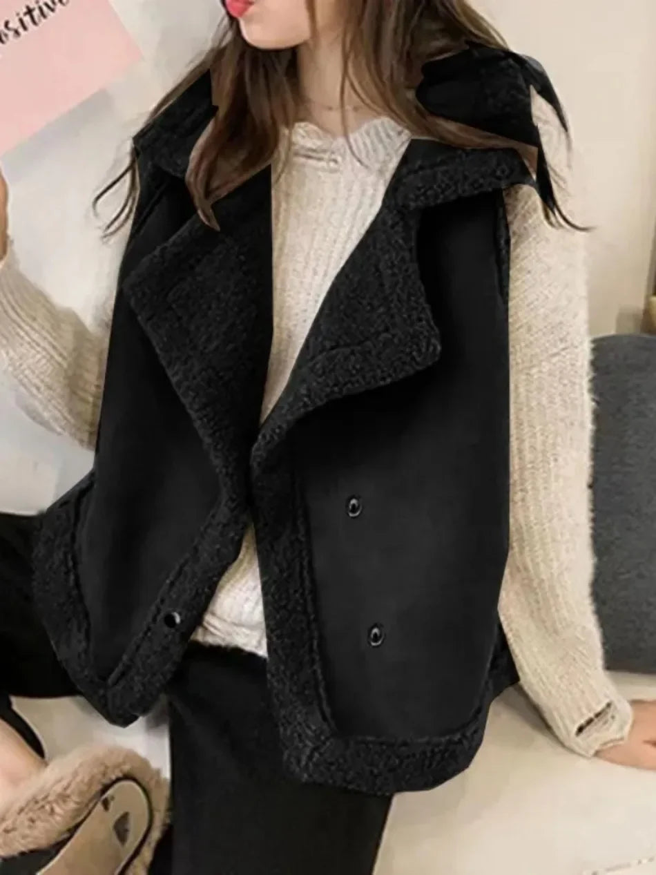 Women 2024 Autumn Winter New Waistcoat Loose Outerwear Popular Top Sleeveless Solid Color Jacket Female Leather Vest Coat