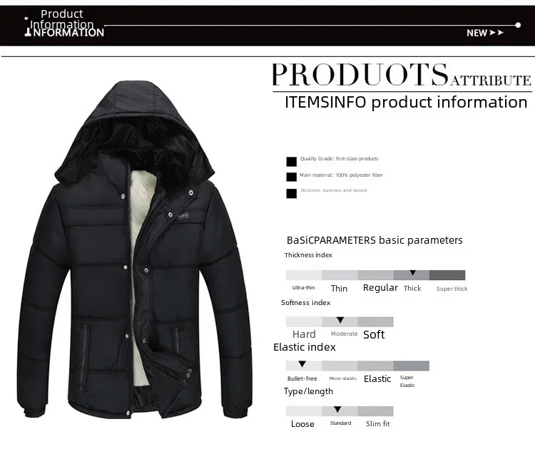 Thickened cotton padded men’s jacket, warm and medium-length.