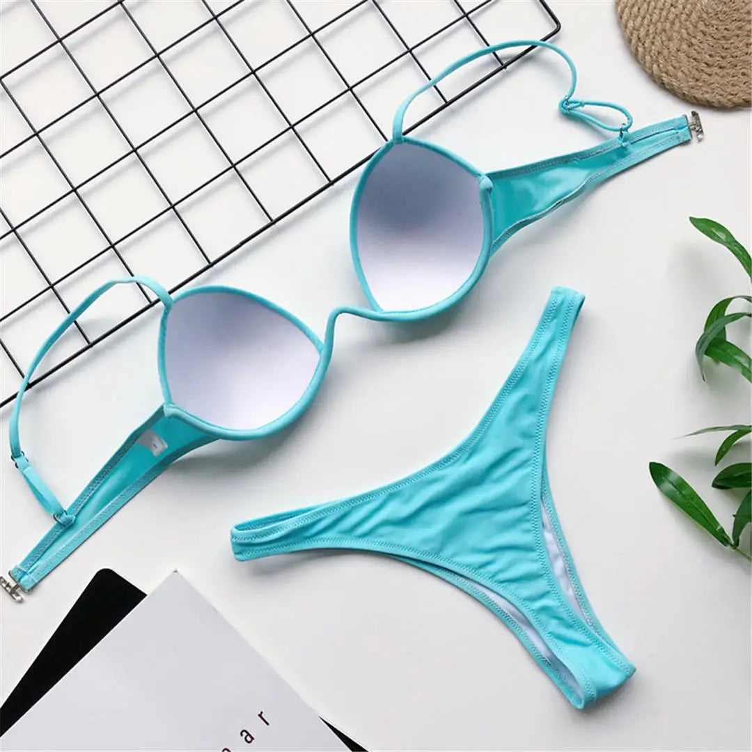 Sexy V-Bra Bikini — Underwired Push-Up, Hard Cup, Two-Piece Backless Set.