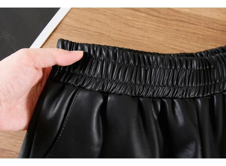 Casual Women High-waist Slimming Pu Leather Black A- pants Loose Plus-size Shorts Outdoor Wear Trousers Korean Style