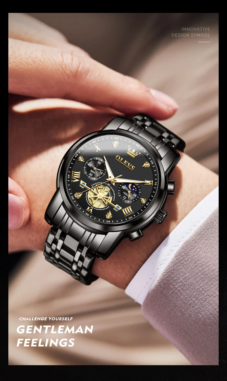 OLEVS 2856 Original Quartz Dress Watch For Men Moon Phase Stainless Steel Business Wristwatch Waterproof Luminous Man Watches