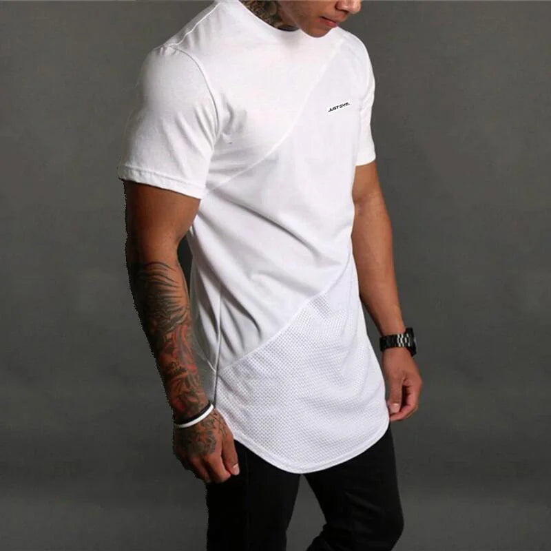 Gym Fitness T-shirt Trend Stitching Contrast Color Short Sleeve Shirt Mens Bodybuilding Clothing Summer Cotton Breathable Tops