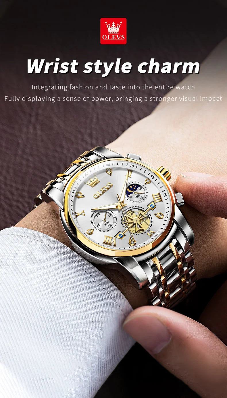 OLEVS 2856 Original Quartz Dress Watch For Men Moon Phase Stainless Steel Business Wristwatch Waterproof Luminous Man Watches