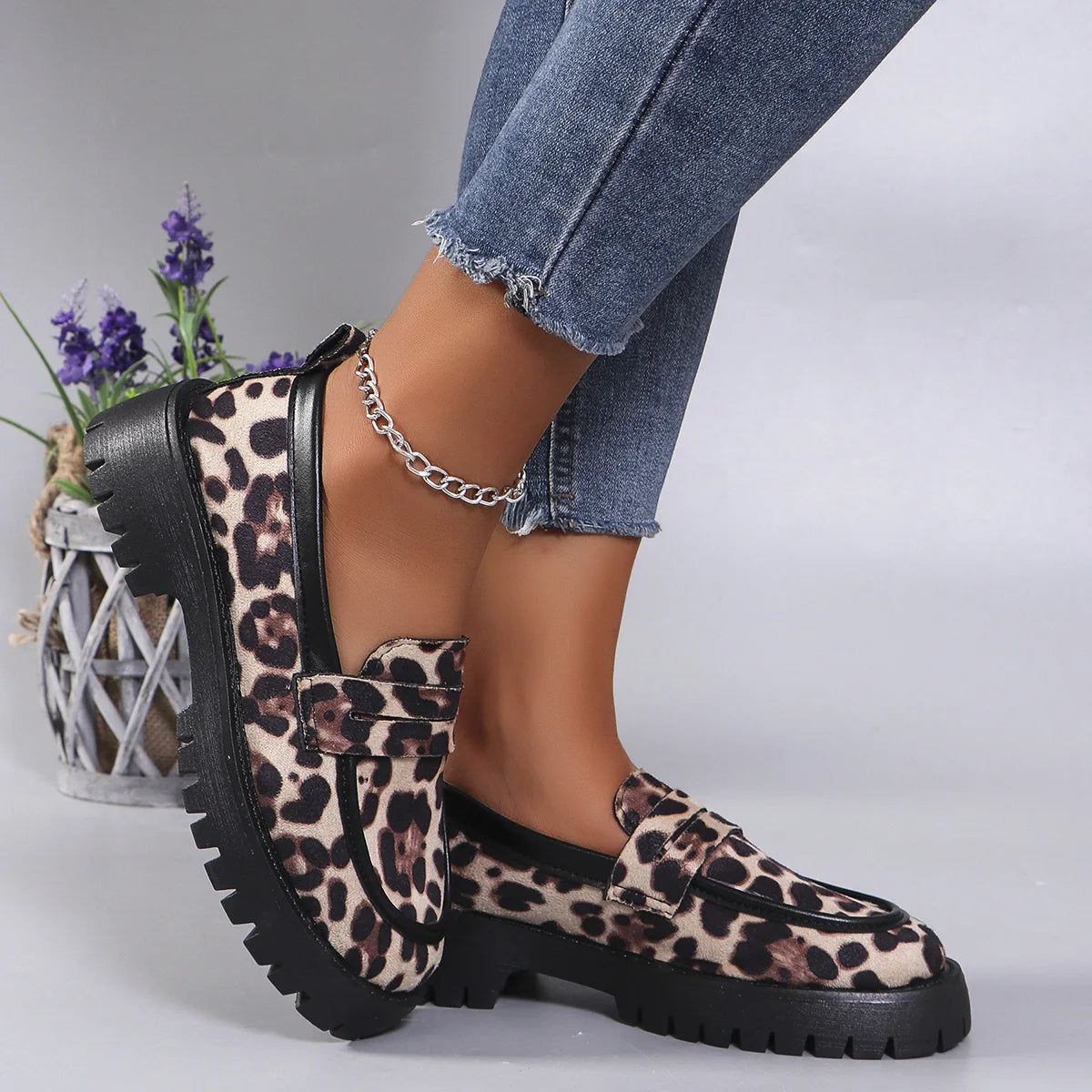 Women's Fashion Leopard Patchwork Slip-on Loafers Chunky Heel Platform Flats 2024 New Moccasins Casual Shoes Plus Size Zapatos