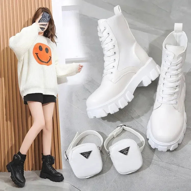 Women's Boots New in Motorcycle Ankle Boots Wedges Female Lace Up Platform Shoes White Black Leather Oxford Shoes Women Boots