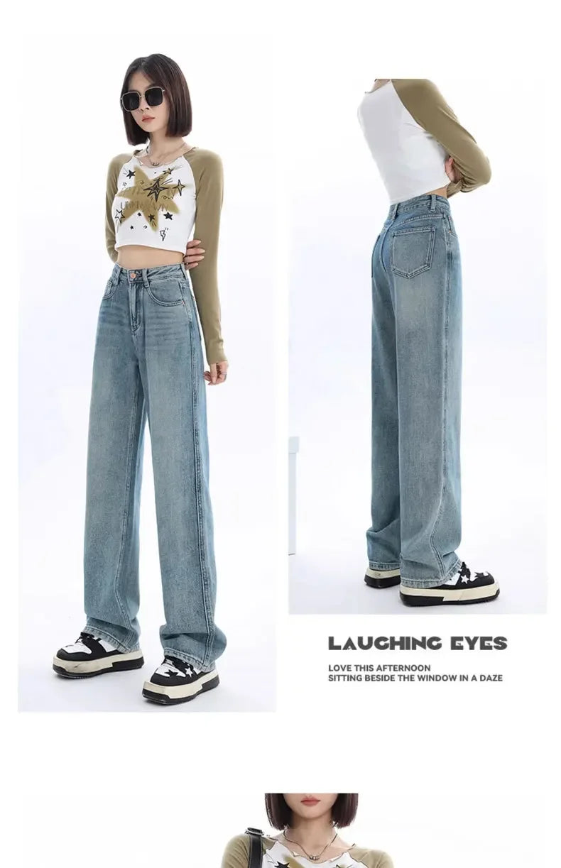 High-waisted Thickened Loose-fit Fleece-lined Straight-leg Jeans For Women Petite Size Warm Light-colored Long Trousers