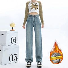 High-waisted Thickened Loose-fit Fleece-lined Straight-leg Jeans For Women Petite Size Warm Light-colored Long Trousers