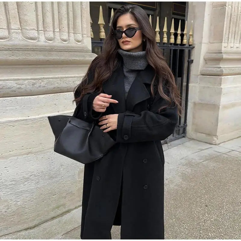 Fashion With Belt Black Woolen Long Coat For Women Oversize Loose Double Button Lapel Overcoat Autumn Lady High Street Outerwear