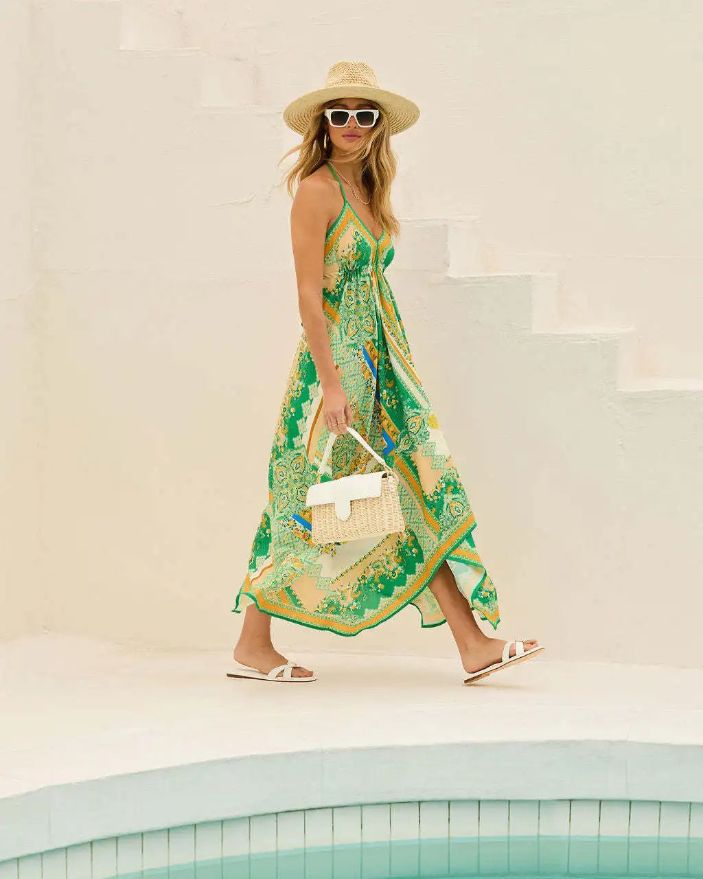 Women's Bohemian Floral Halter Dress – Long, V-Neck, Perfect for Summer, Beach Days, and Casual Outings.