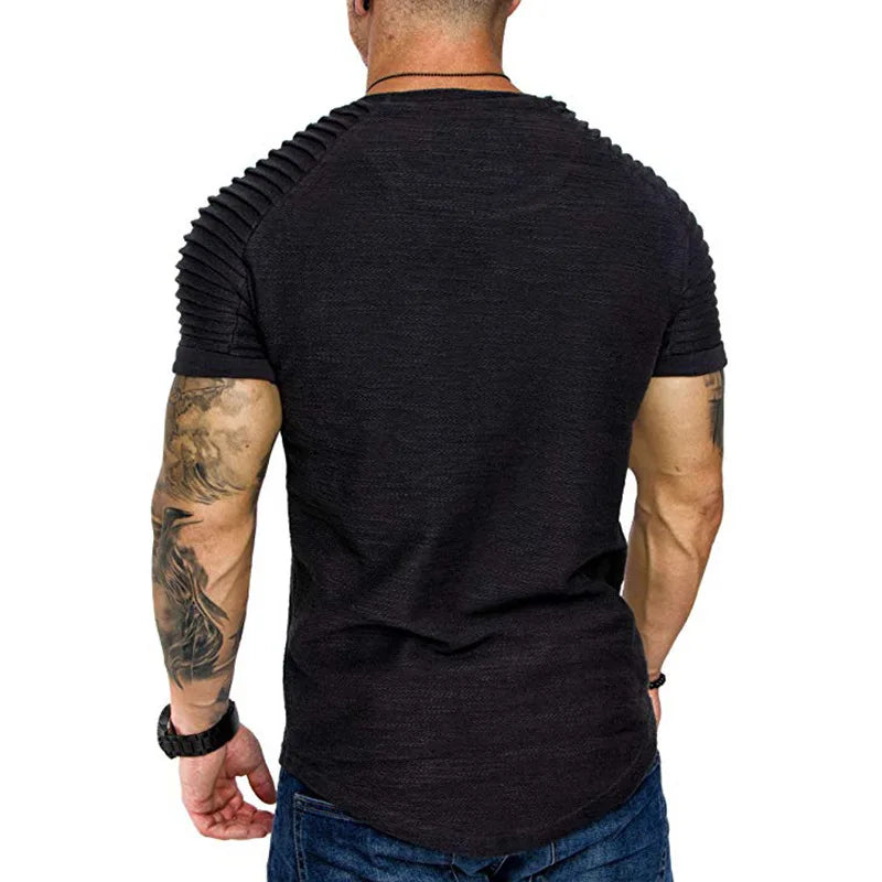 New summer crew-neck slim-fit pleated casual short-sleeved youth fashion base shirt men's sports shoulder sleeve top