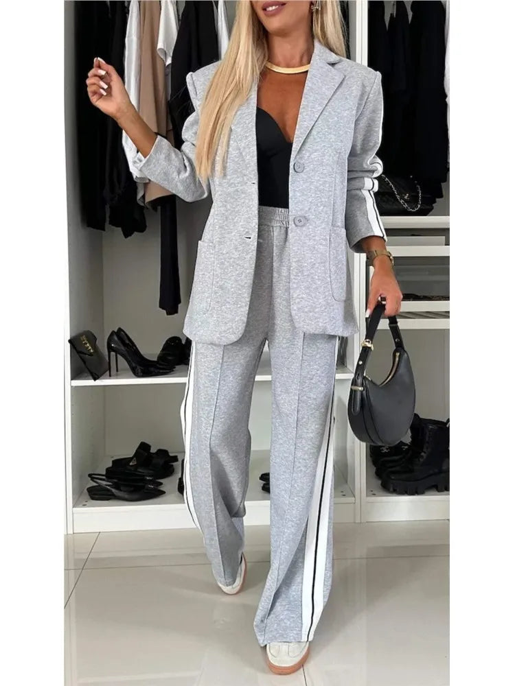 2024 Autumn And Winter Women Blazer Coat Suit Fashion Long Sleeves Pimp Stitching Pants Pocket Female Office Casual 2 Piece Set