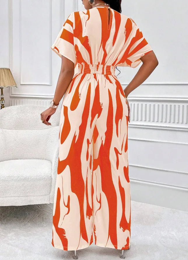 Spring Summer New Printed Short Sleeve For Women's Jumpsuit Fashion Waist Slim Simple Elegant Female Office Jumpsuit Pants