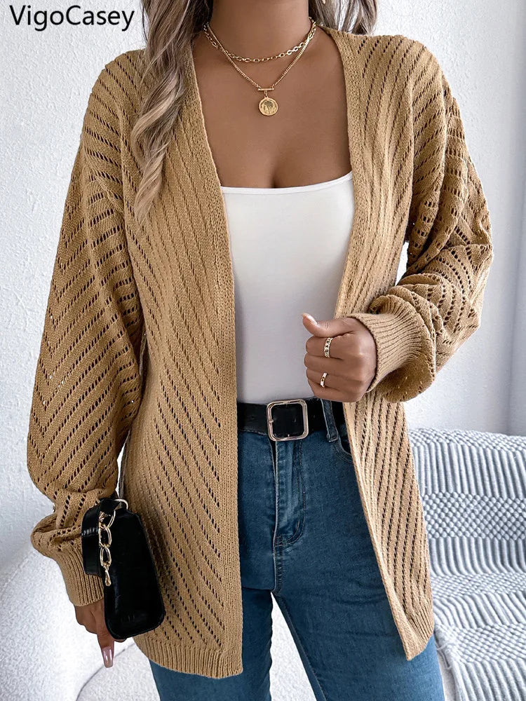 Solid Knit Long Sleeve Cardigan – Autumn & Winter