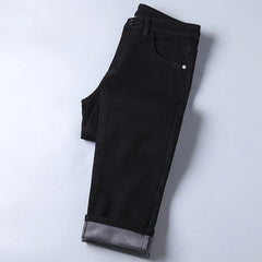 Winter Pure Black Fleece Thick Warm Jeans Men's Slim Straight Elastic Denim Pants Casual Male Clothing Fashion Plush Trousers