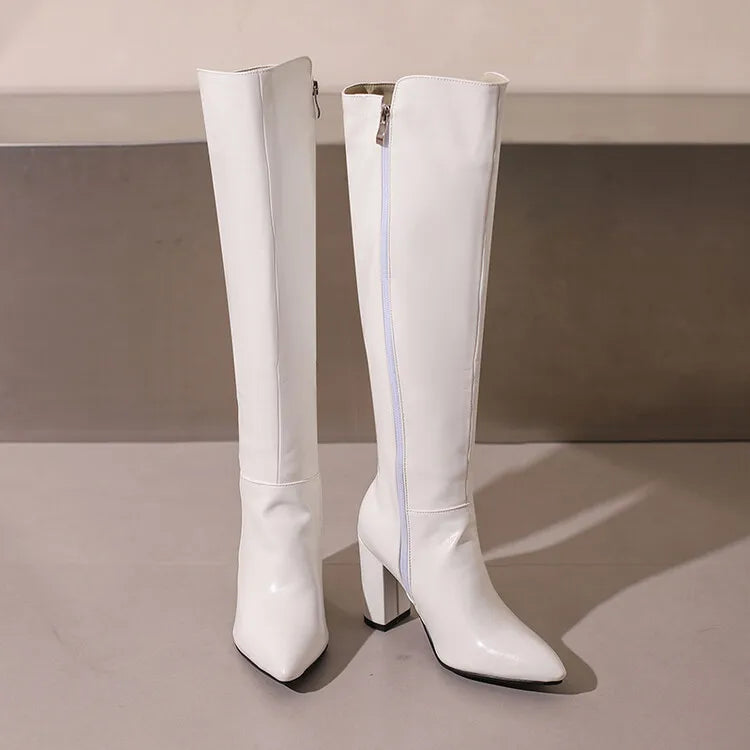 Sexy Women Knee High Boots Pointy Toe Chunky Heels 9CM Boot Large Size 44 45 46 With Zipper Winter Outdoors Leather Female Shoes