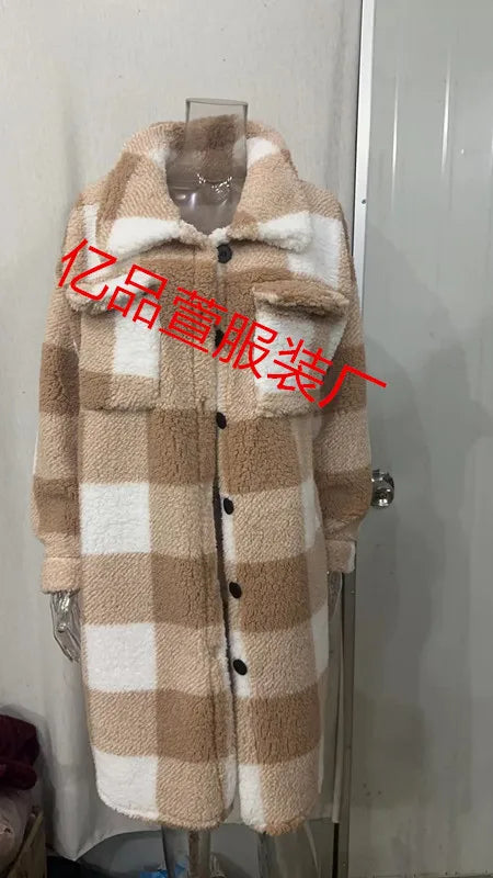 Long Plaid Fleece Coat with Pockets – Autumn & Winter