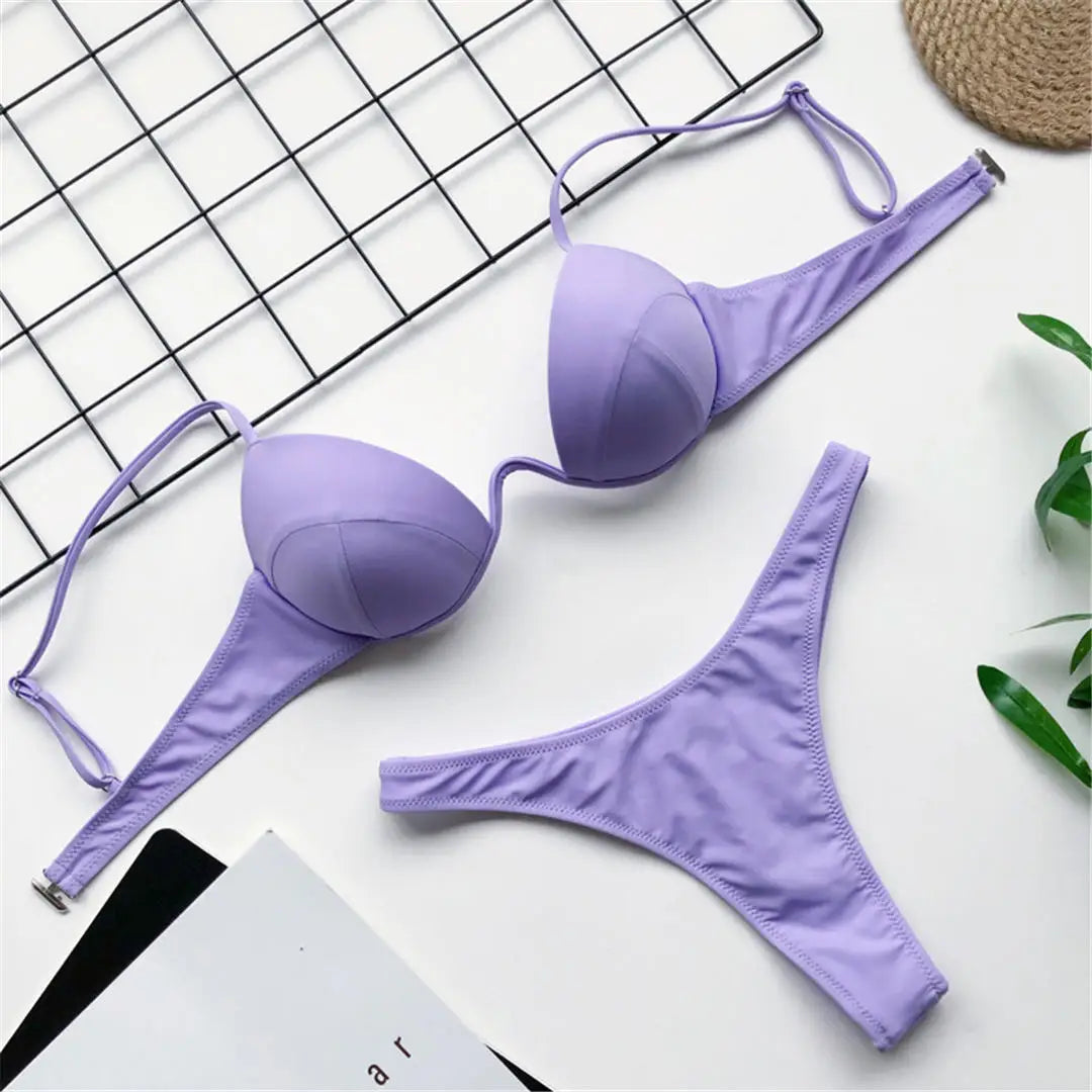 Sexy V-Bra Bikini — Underwired Push-Up, Hard Cup, Two-Piece Backless Set.