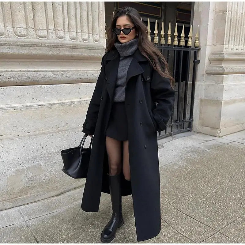 Fashion With Belt Black Woolen Long Coat For Women Oversize Loose Double Button Lapel Overcoat Autumn Lady High Street Outerwear