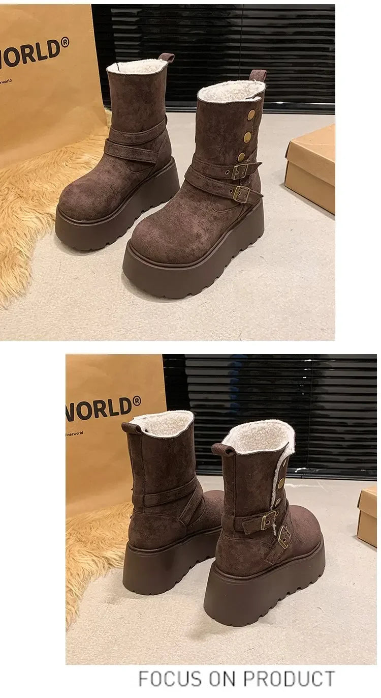 Women’s Winter Boots – Thick sole, ultra high heel, fleece-lined, mid-calf, round toe.