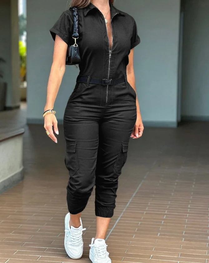 Elegant 2025 women’s jumpsuit – casual, solid color, short sleeve, high waist.