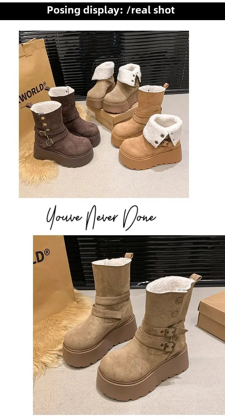 Women’s Winter Boots – Thick sole, ultra high heel, fleece-lined, mid-calf, round toe.