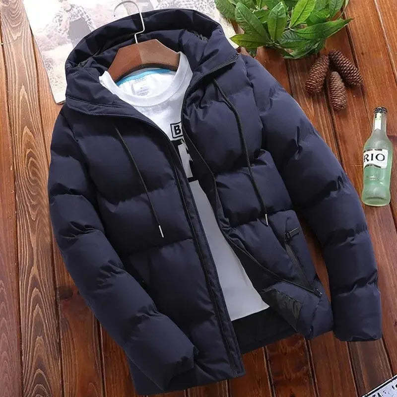 Men’s cotton puffer jacket with hood, loose fit, cropped design — perfect for casual and outdoor wear.
